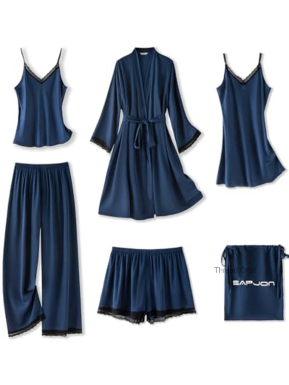 Silk Satin 6 Piece Pajama Set Lace Robe Camisole Nightgown Women Sleepwear